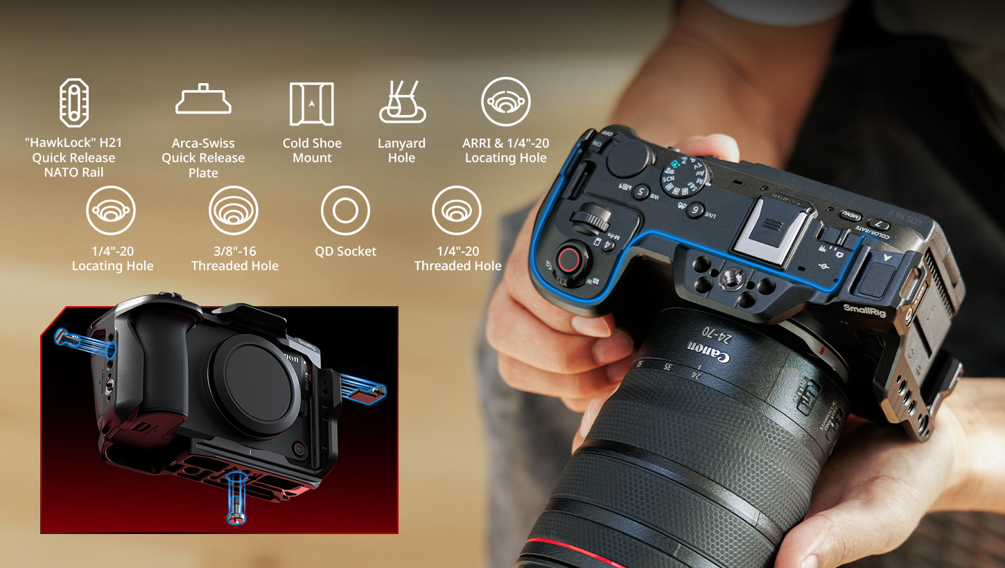 Kategori/Kamera Kafesleri/Canon HawkLock QR Kafes Kiti Canon EOS R6 V i&ccedil;in | &Uuml;st Tutacak - Markalar: Canon/Modeller: EOS R6 V/SKU: 6372/