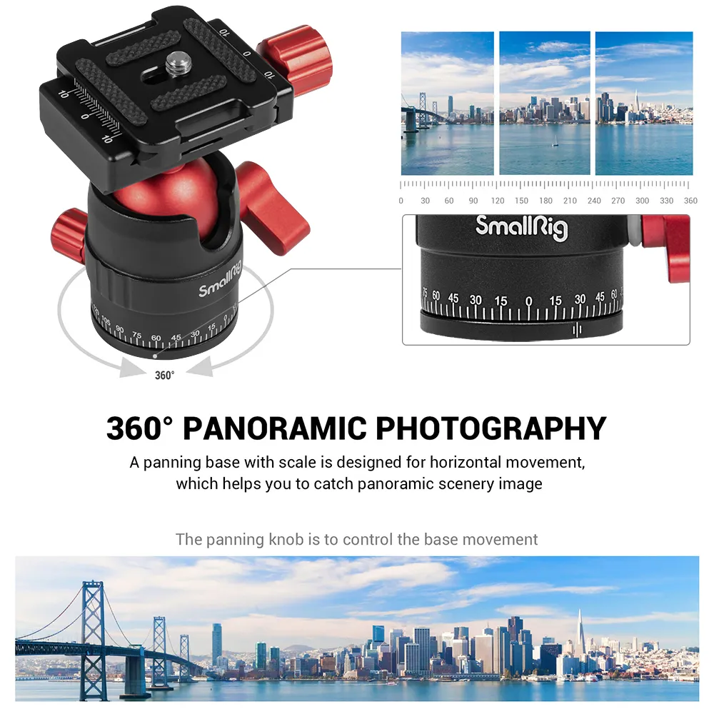 CATEGORY/Tripods/Tripod Heads Panoramic Ball Head | Arca-Swiss Mount | SmallRig-SKU:3034/Material(s):Aluminum Alloy/Package Weight (kg):0.23/