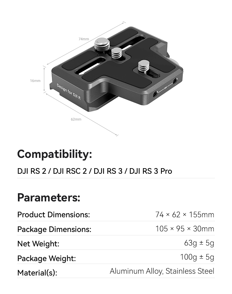 ジンバル用Arcaクイックリリースプレート 3162B 「DJI RS 2 / RSC 2/ RS 3 / RS 3 Pro」