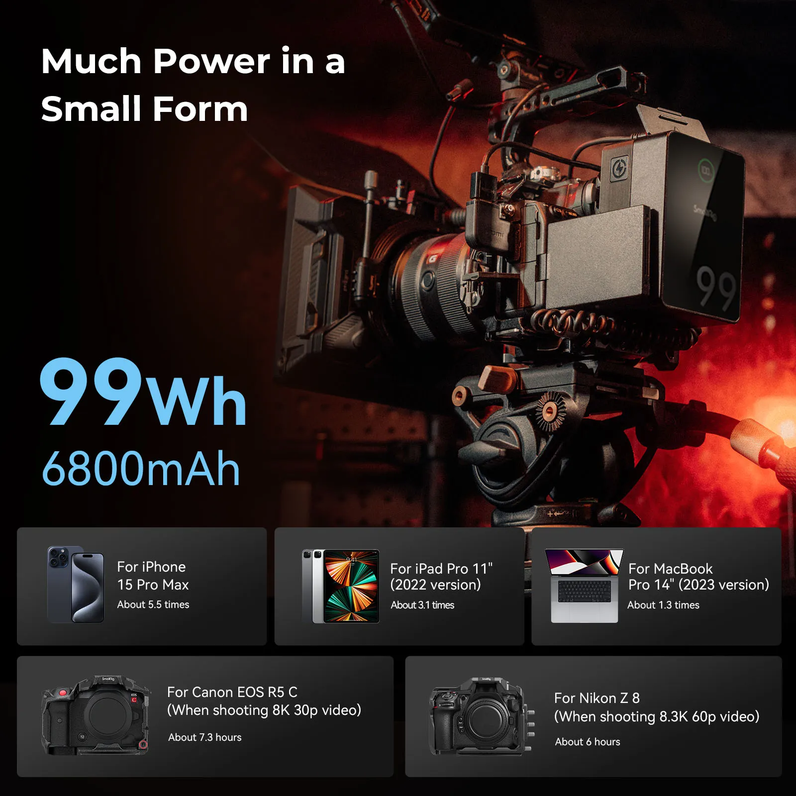 Category/Power Solution/V Mount Batteries Mini V-Mount VB99 Pro | Compact Fast Charge | SmallRig-SKU:4292/Capacity:14.54V 6.8Ah 98.872Wh/Package Weight (kg):0.86/