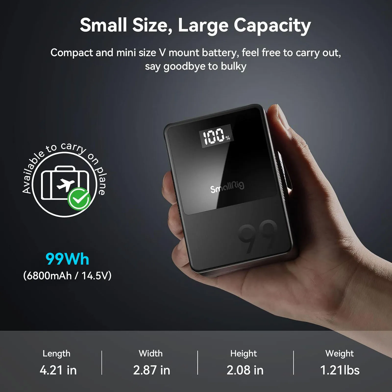 Category/Power Solution/V Mount Batteries VB99 Mini V-Mount Battery | 100W Fast Charge | SmallRig-SKU:3580B/Capacity:14.54V 6800mAh 98.872Wh/Package Weight (kg):0.58/