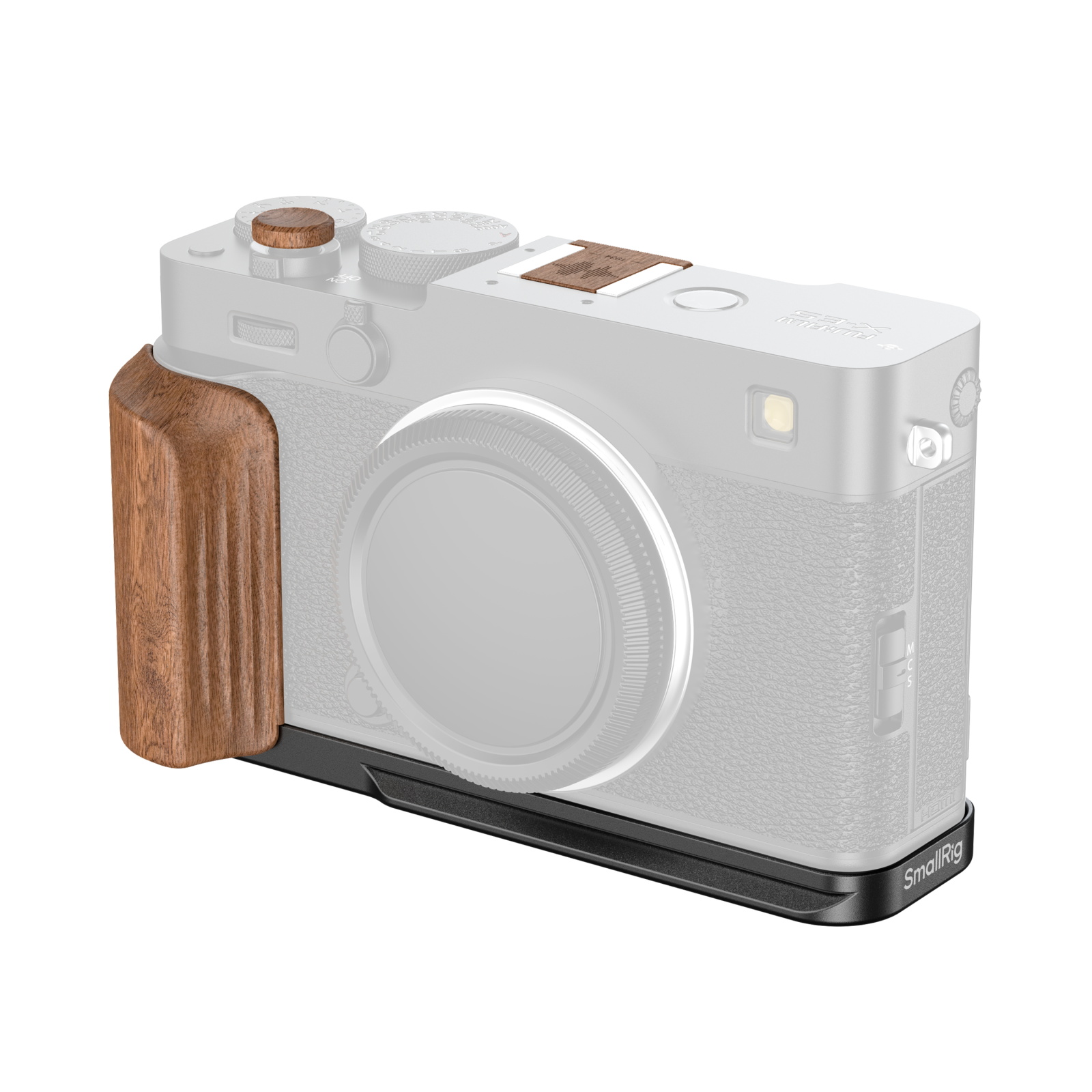 富士フイルムX-E5用、ローズウッド製ハンドル付きL字型マウント