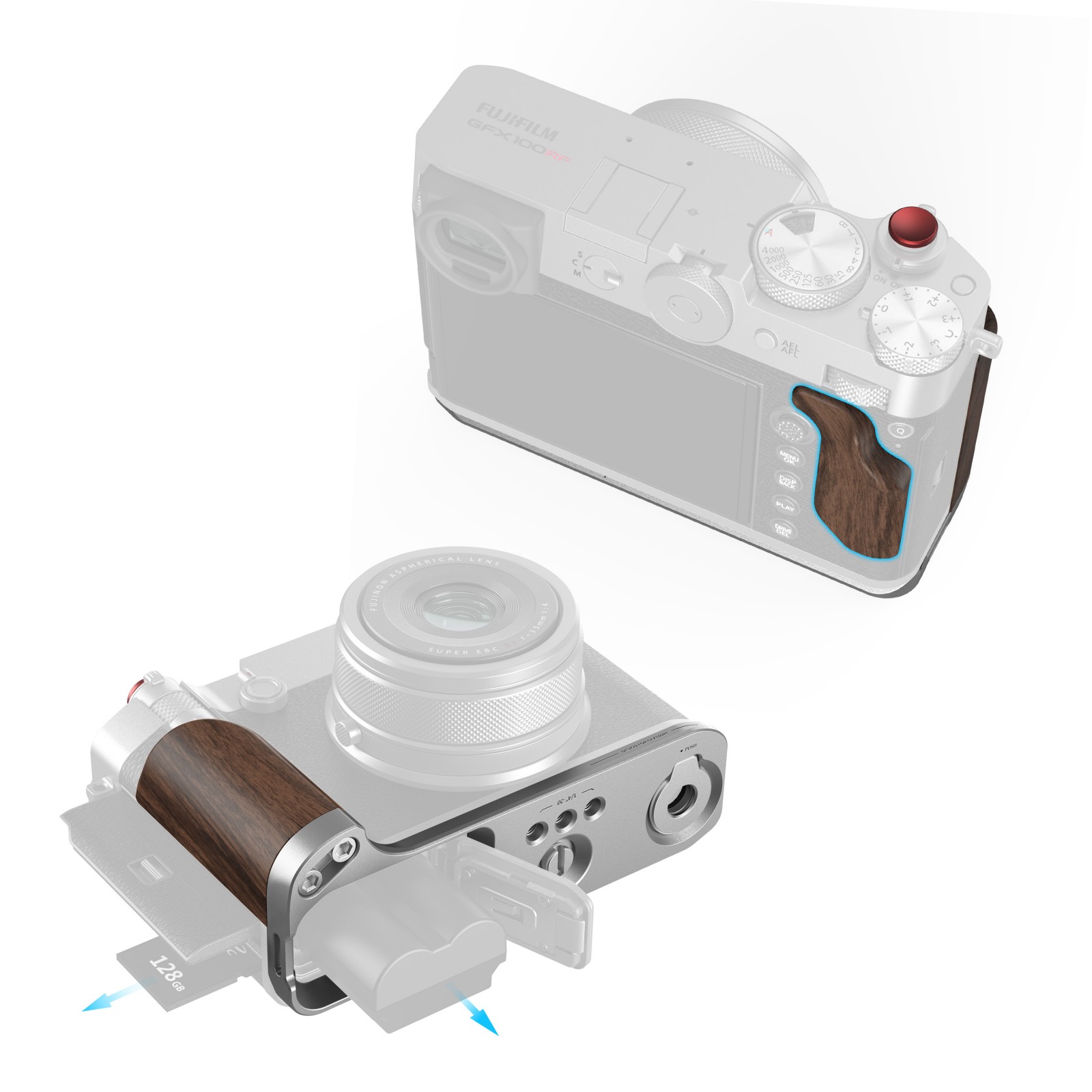 GFX100RF L-Plate with Wooden Handle | Arca-Swiss QR