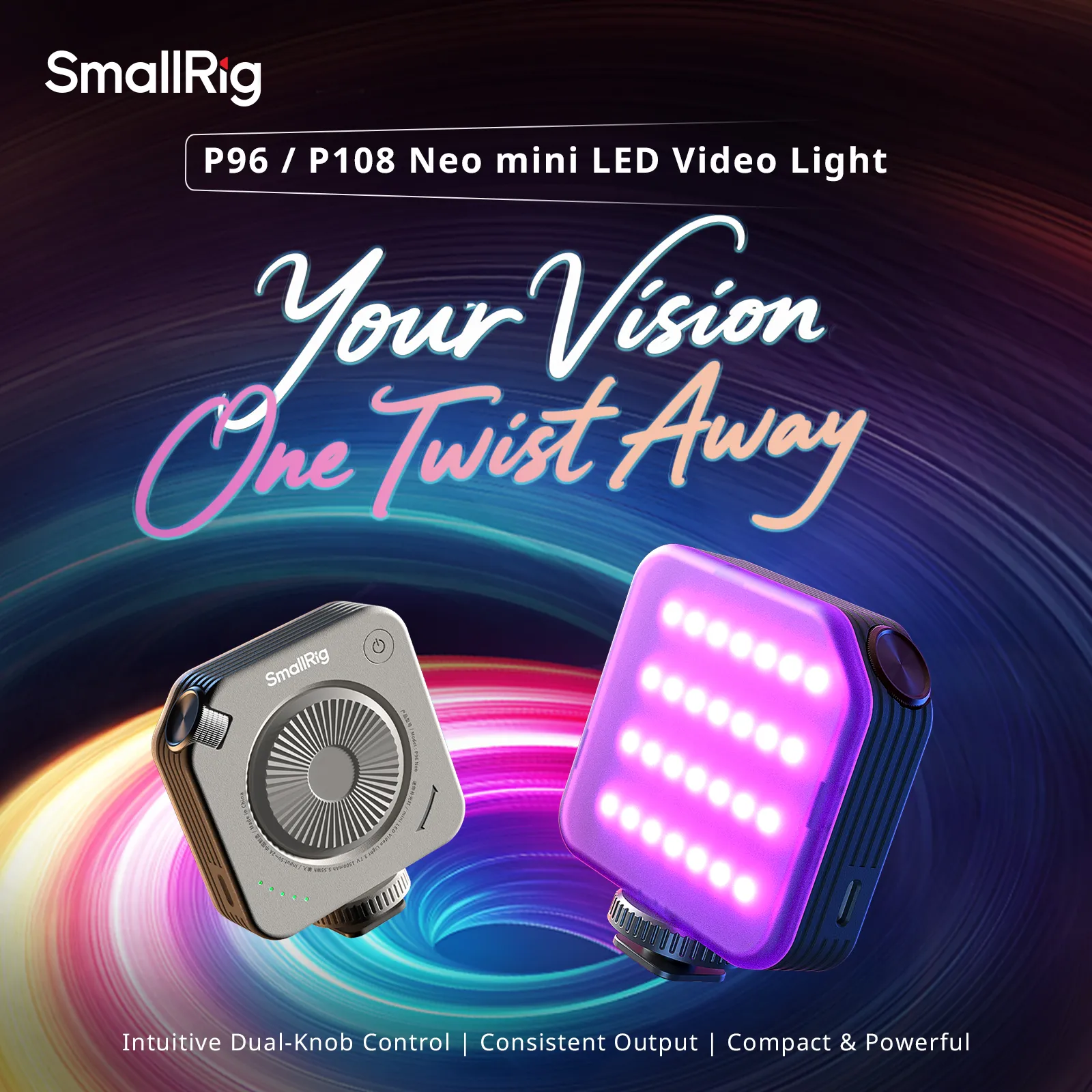 Category/Lighting System/Pocket Led Video Lights P96 / P108 Neo mini LED Video Light: Bi-Color or RGBWW, 2700K-6500K, 93g Ultra-Light, 75Min Runtime-SKU:5821/
