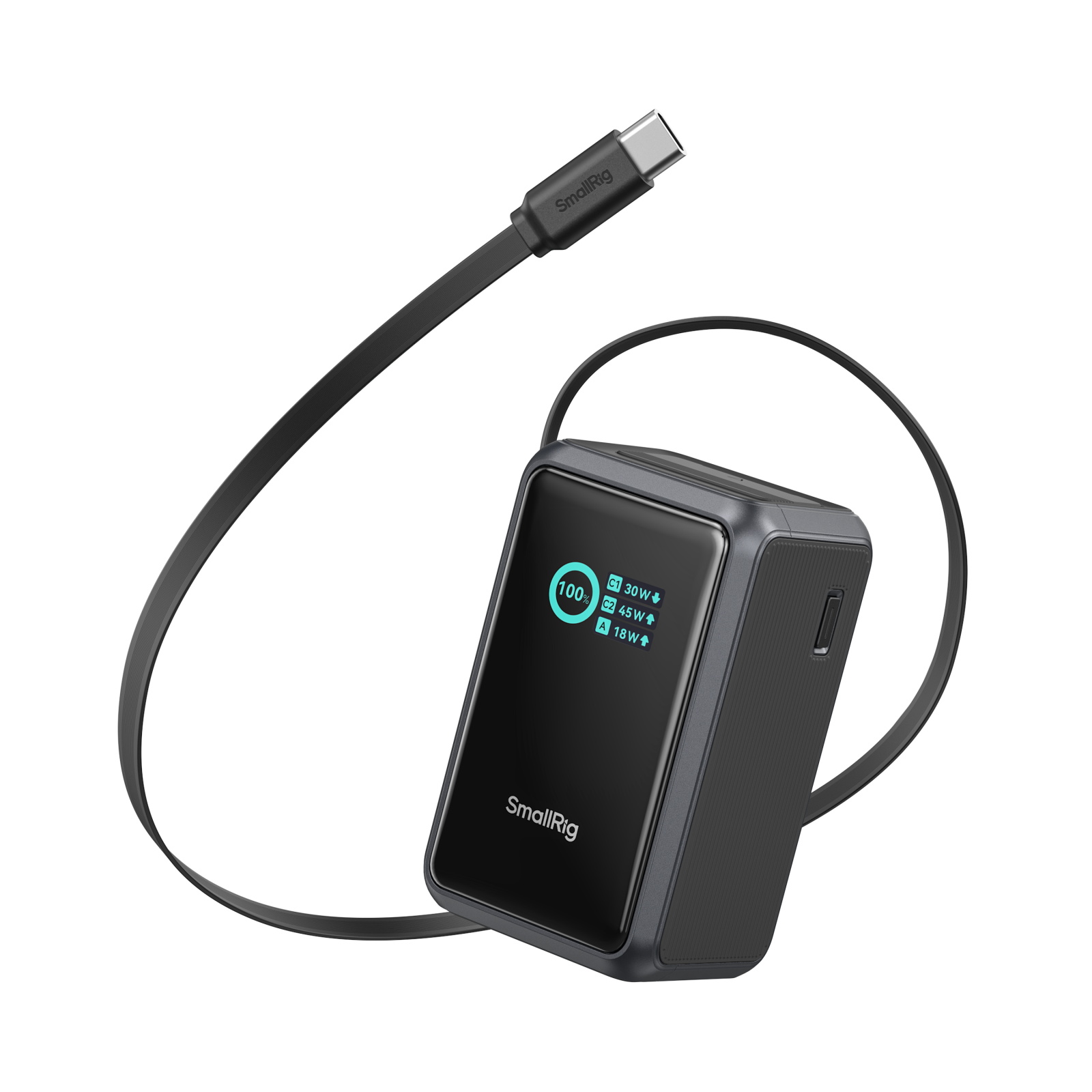 別角度から。本体上部から伸びる内蔵USB-Cケーブルと側面の1/4インチネジ穴が確認できる