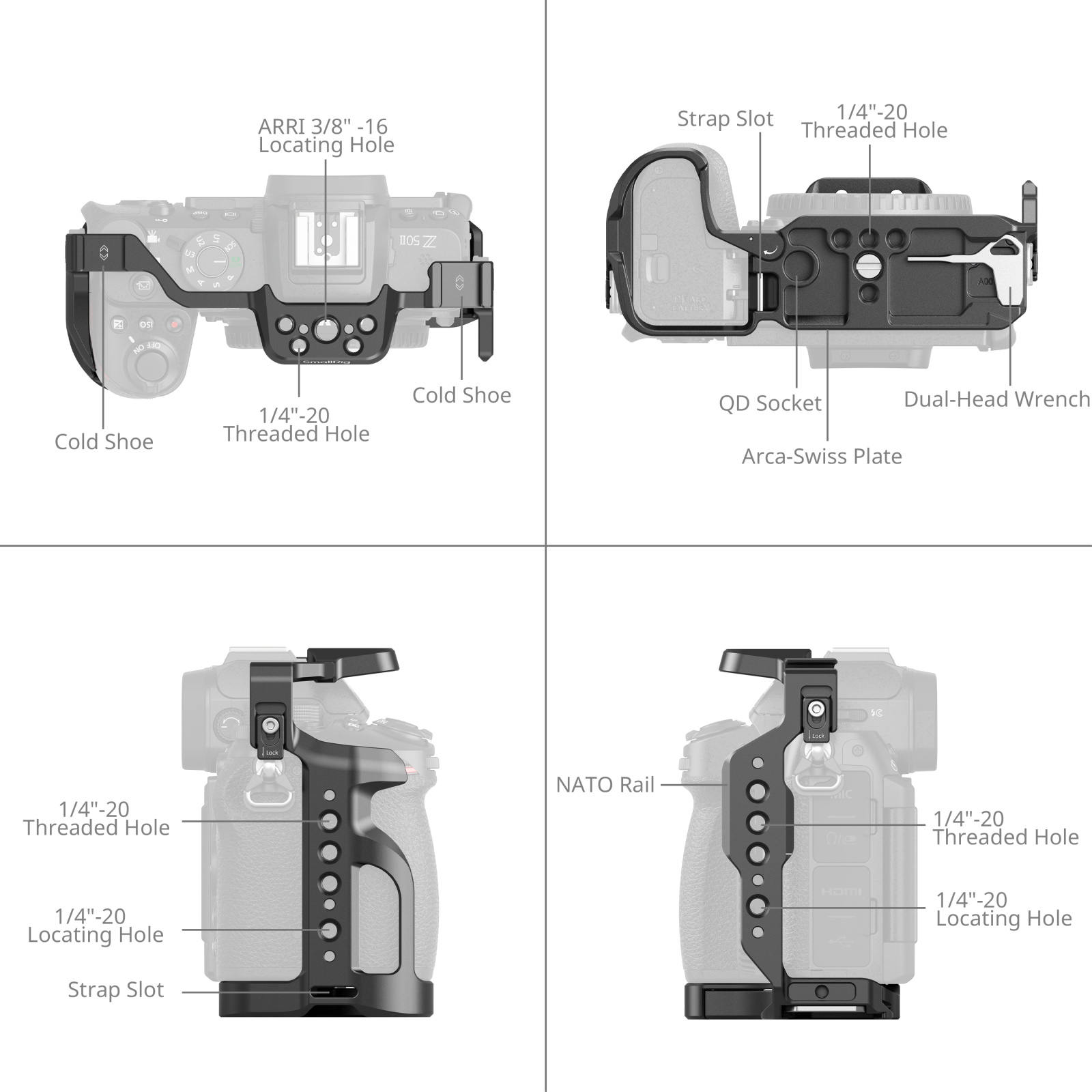 Nitze Z50II Camerakooi – Aluminium, Met NATO-rail, Cold Shoes En Arca-swiss Snelkoppelingsplaat, Voor Nikon Z50 II