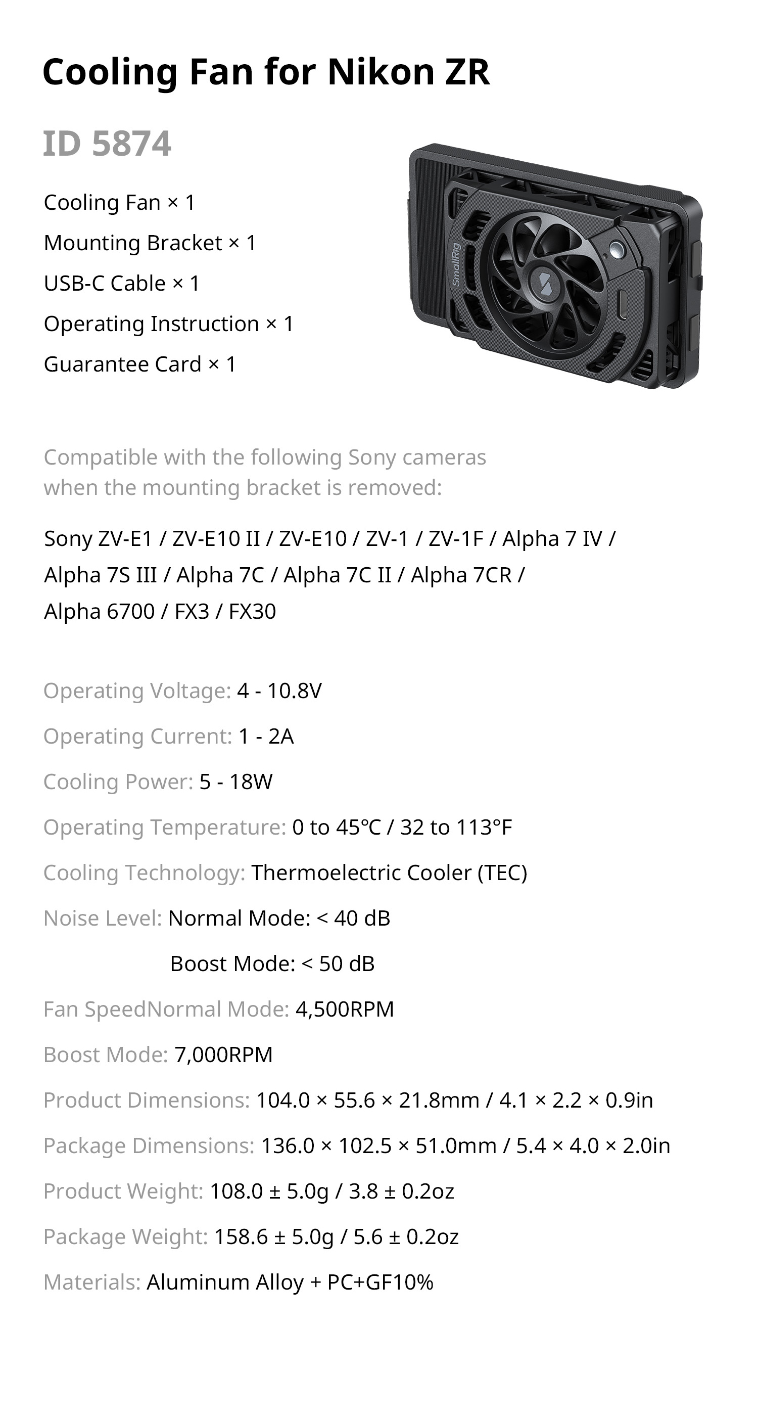 Nikon ZRおよび一部のSonyモデル用冷却ファン